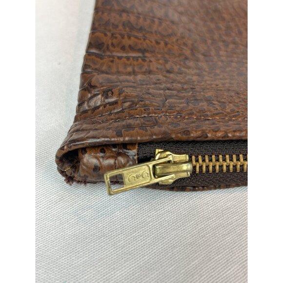Brown Crocodile Embossed Faux Leather Zippered Bag Pouch Laptop Files - Picture 6 of 10